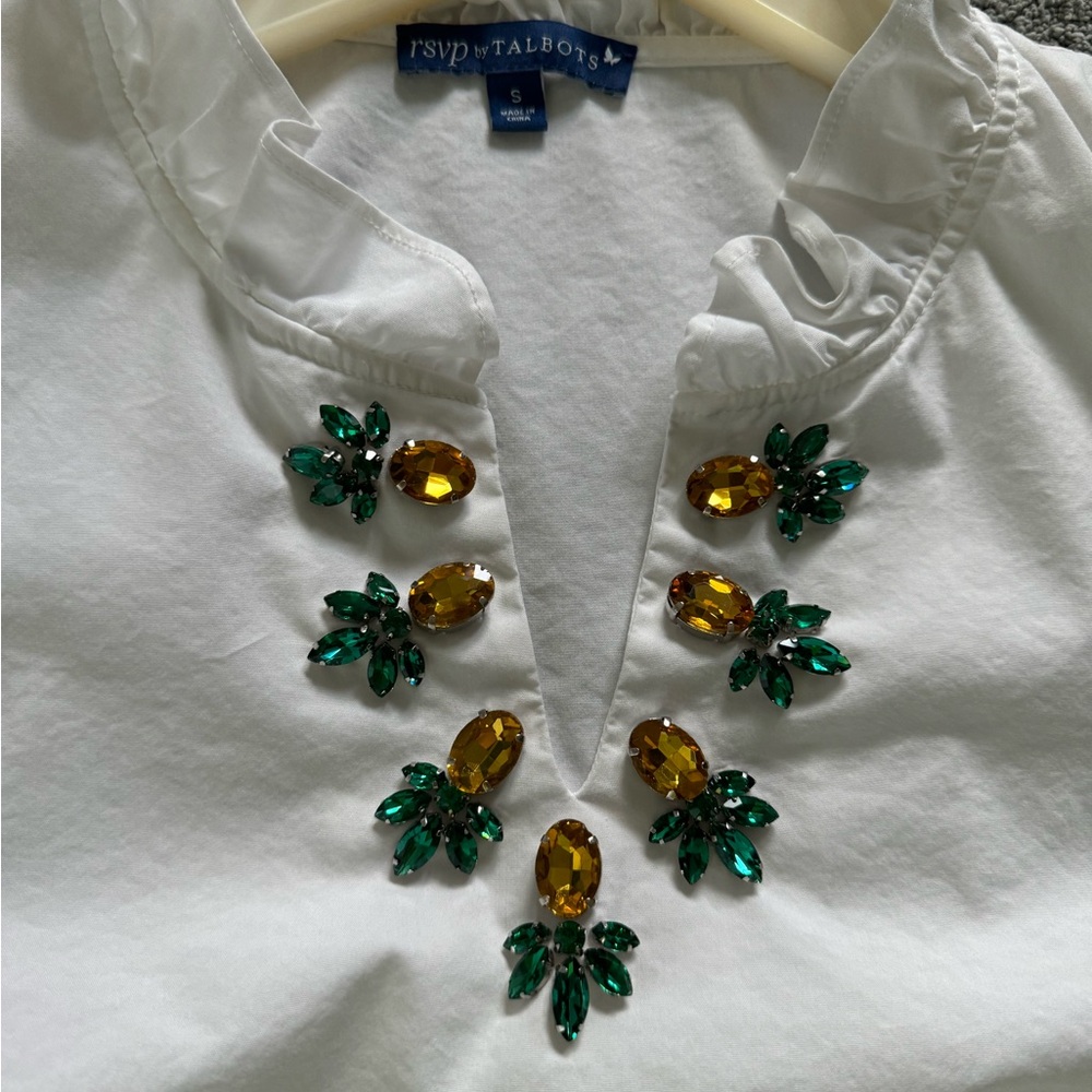RSVP by TALBOTS Women White Poplin Blouse Ruffle Pineapple Embellished Small